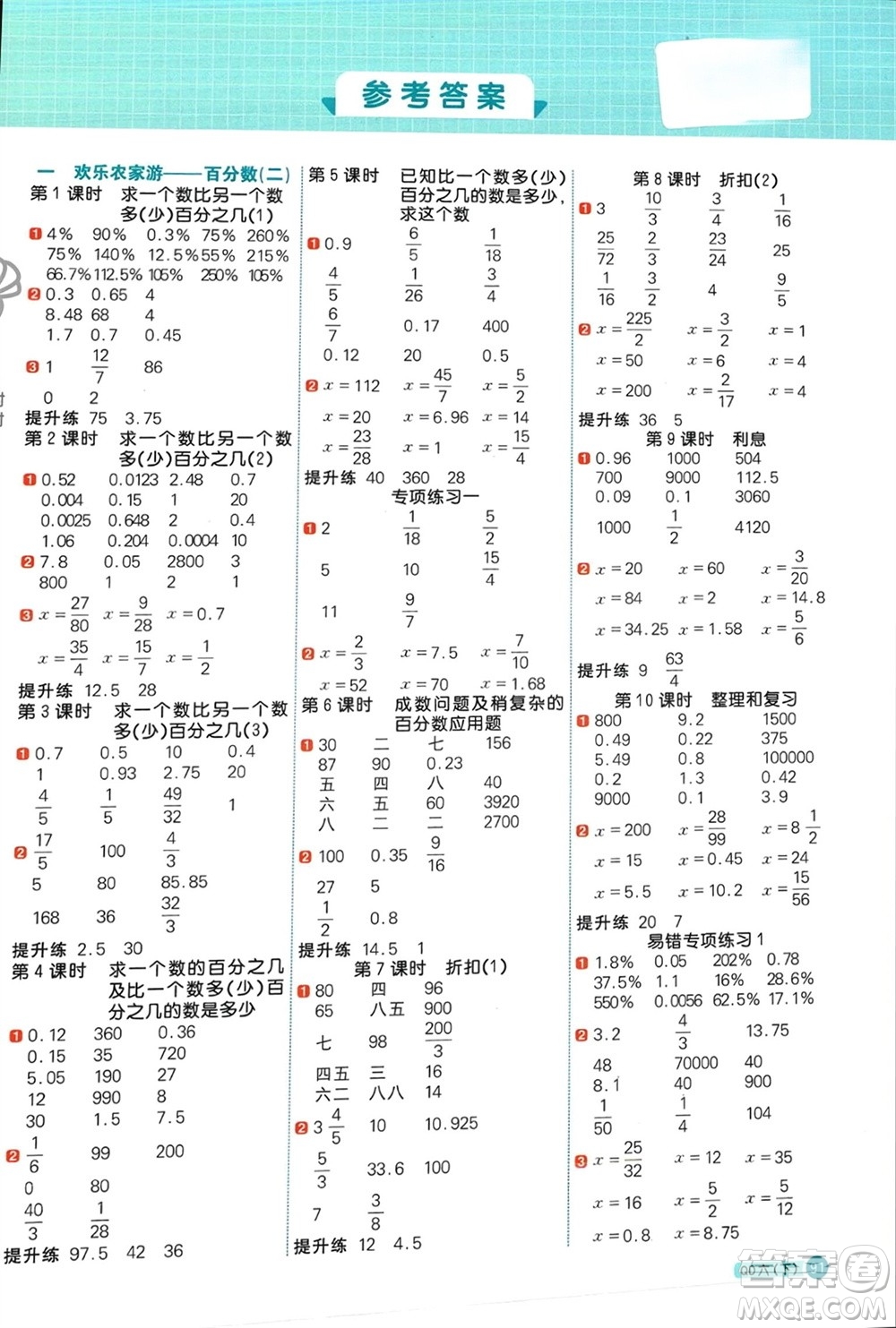 江西教育出版社2024年春陽光同學(xué)計算小達人六年級數(shù)學(xué)下冊青島版參考答案