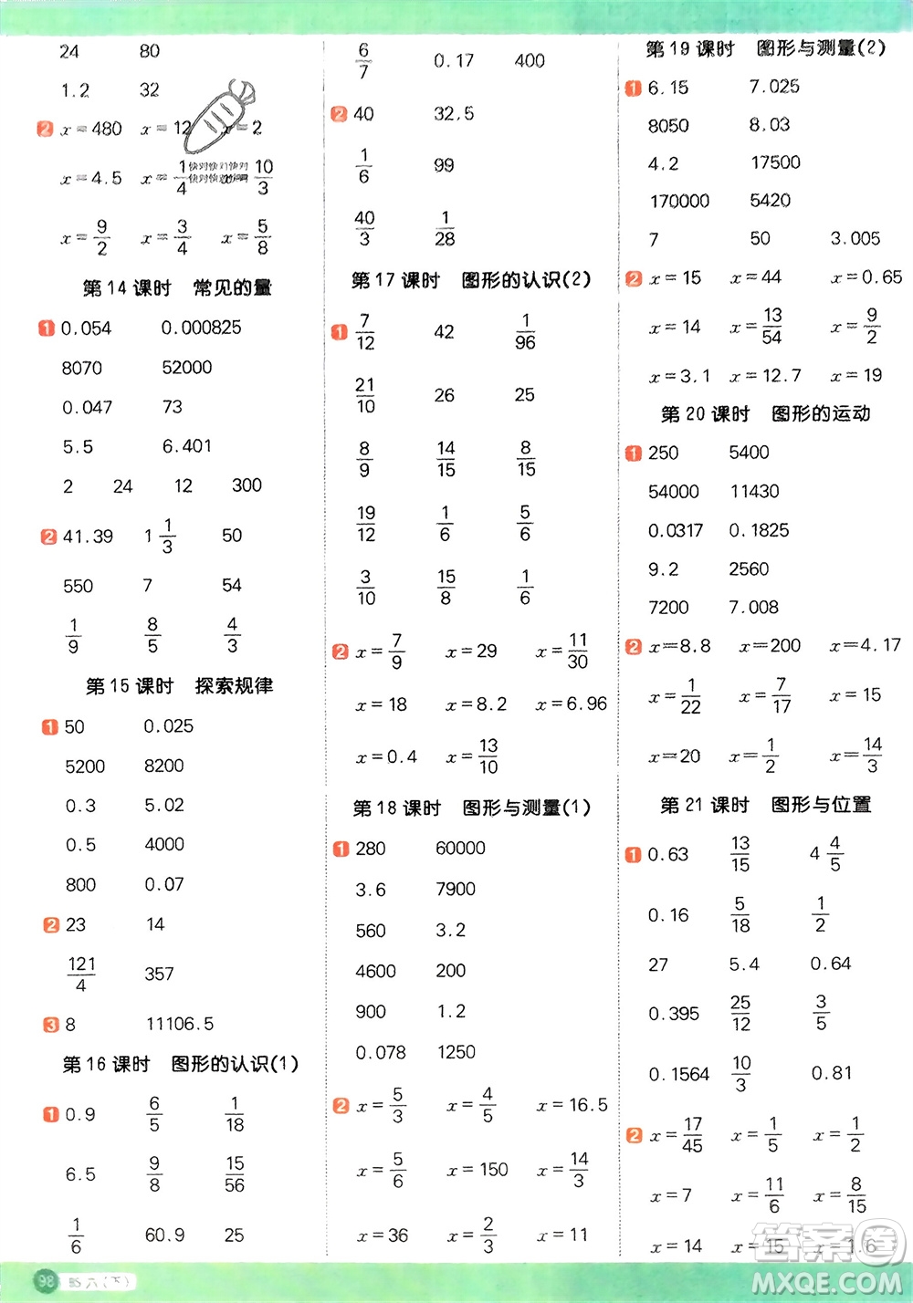 江西教育出版社2024年春陽光同學(xué)計算小達人六年級數(shù)學(xué)下冊北師大版參考答案