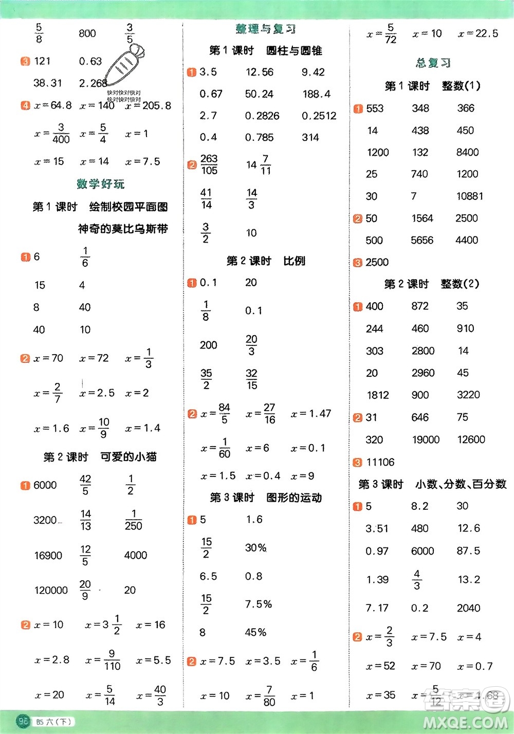 江西教育出版社2024年春陽光同學(xué)計算小達人六年級數(shù)學(xué)下冊北師大版參考答案