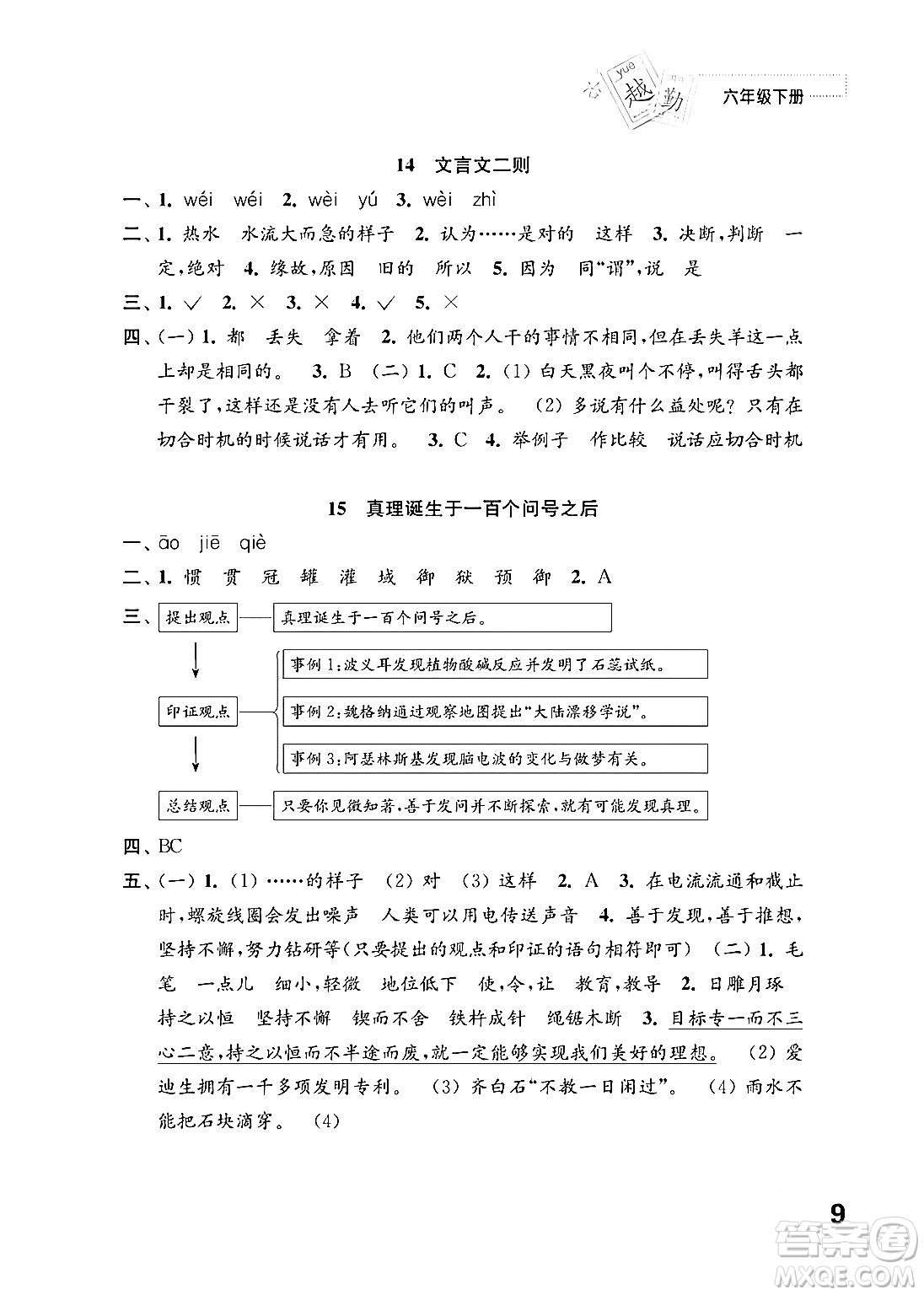 江蘇鳳凰教育出版社2024年春小學(xué)語文練習(xí)與測試六年級語文下冊通用版答案