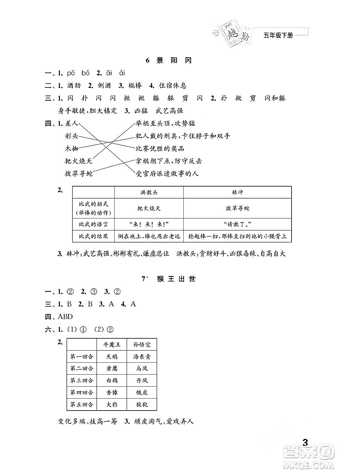 江蘇鳳凰教育出版社2024年春小學(xué)語文練習(xí)與測試五年級語文下冊通用版答案