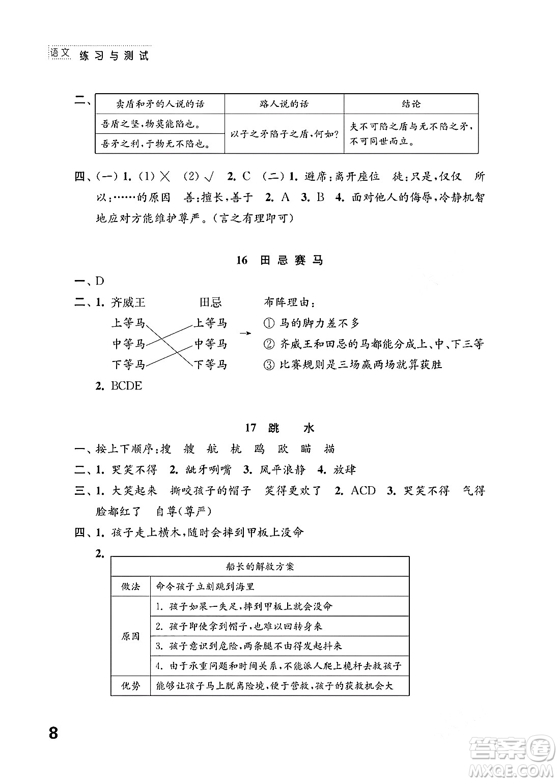 江蘇鳳凰教育出版社2024年春小學(xué)語文練習(xí)與測試五年級語文下冊通用版答案