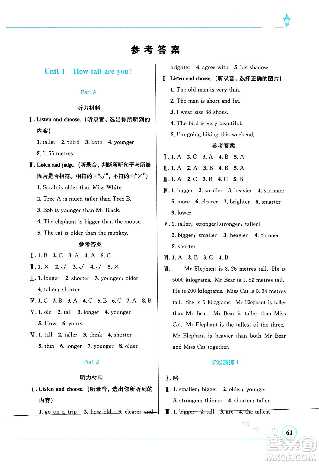 人民教育出版社2024年春小學同步測控優(yōu)化設計六年級英語下冊人教PEP版三起點陜西專版答案