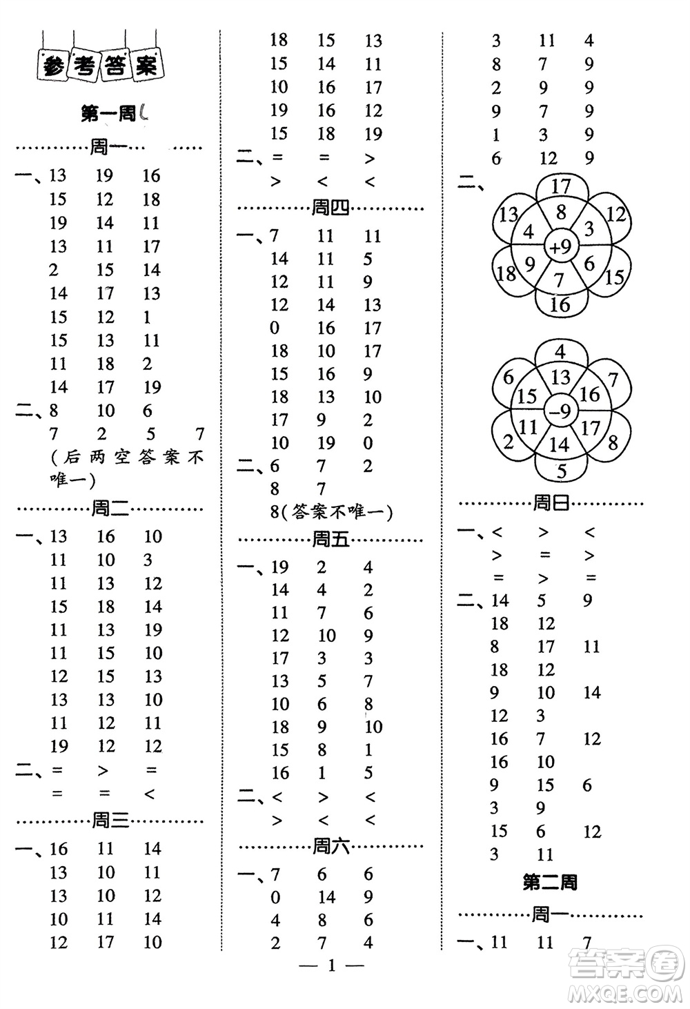 河海大學(xué)出版社2024年春經(jīng)綸學(xué)霸計(jì)算小能手一年級數(shù)學(xué)下冊人教版參考答案