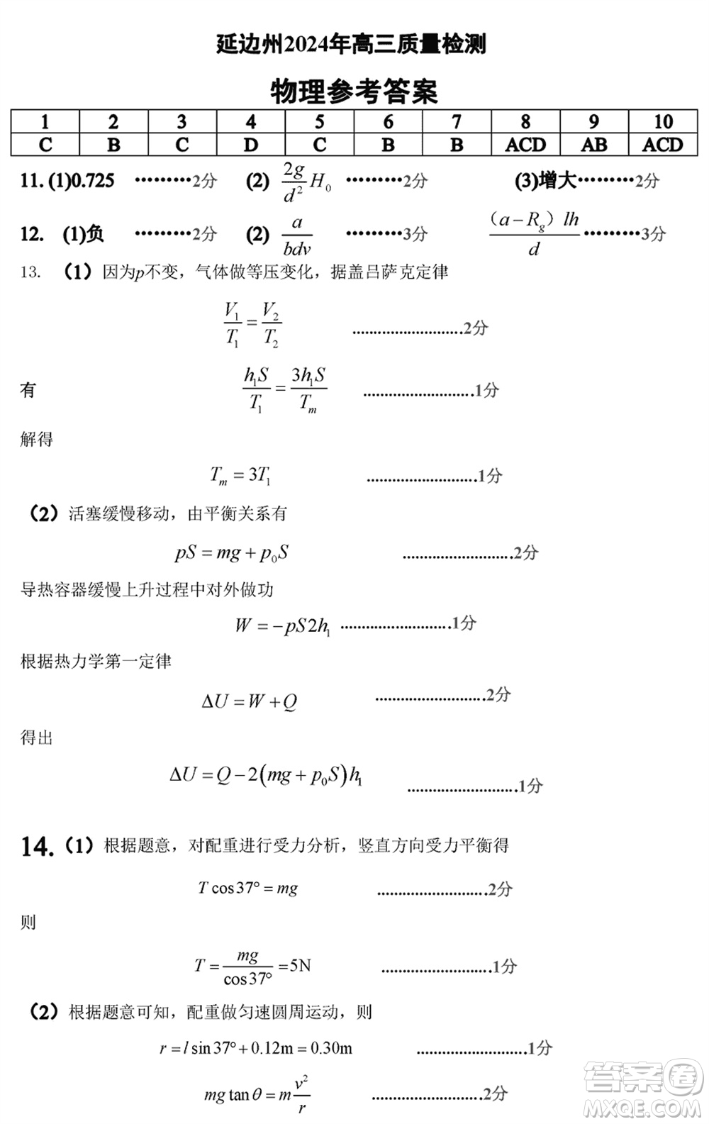 延邊州2024屆高三下學(xué)期2月份教學(xué)質(zhì)量檢測(cè)物理參考答案