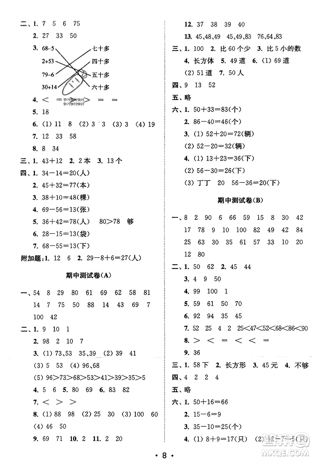 江蘇鳳凰美術(shù)出版社2024年春創(chuàng)新課時(shí)作業(yè)本一年級(jí)數(shù)學(xué)下冊(cè)江蘇版參考答案