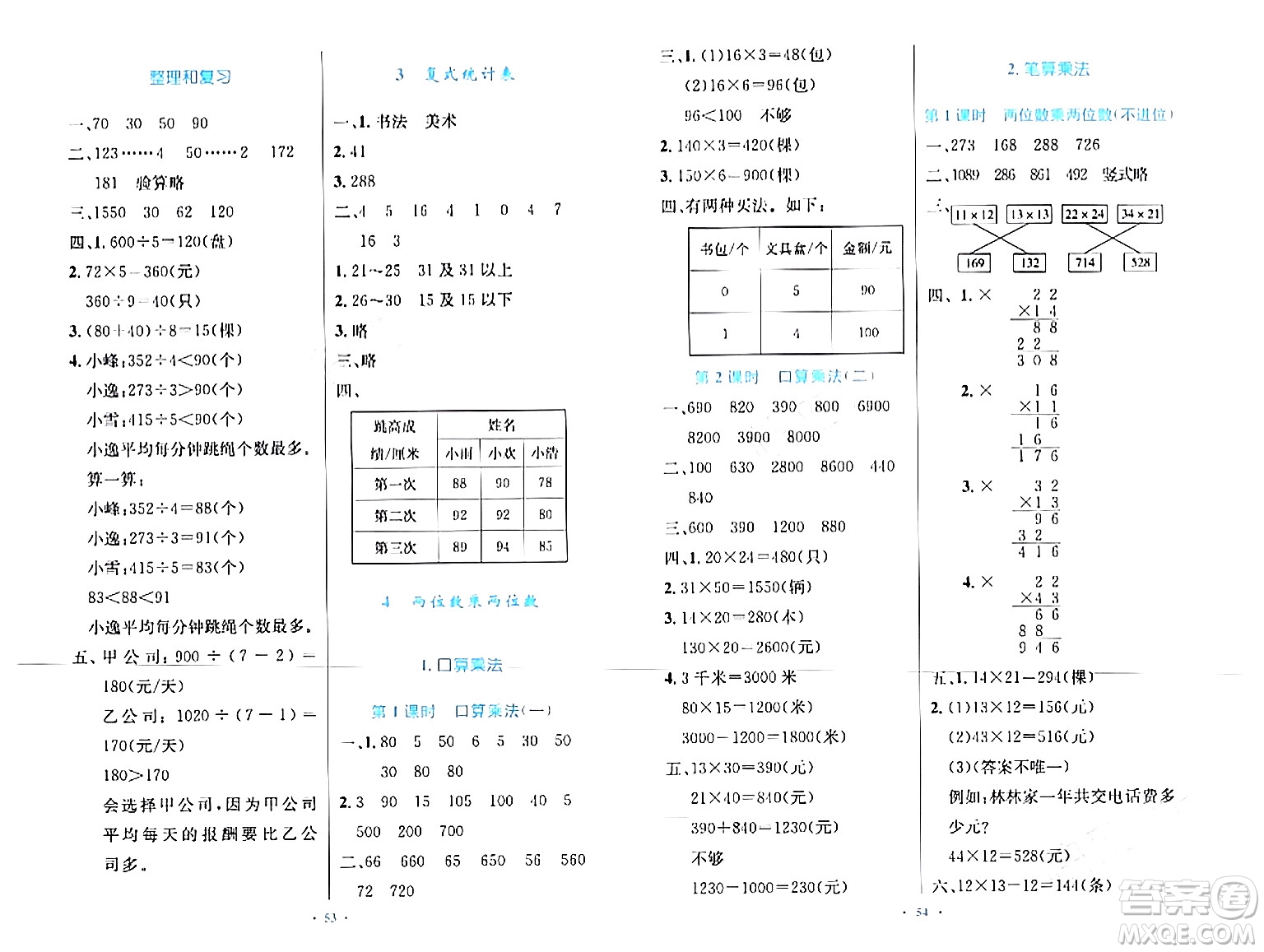 人民教育出版社2024年春小學同步測控優(yōu)化設計三年級數(shù)學下冊人教版增強版新疆專版答案