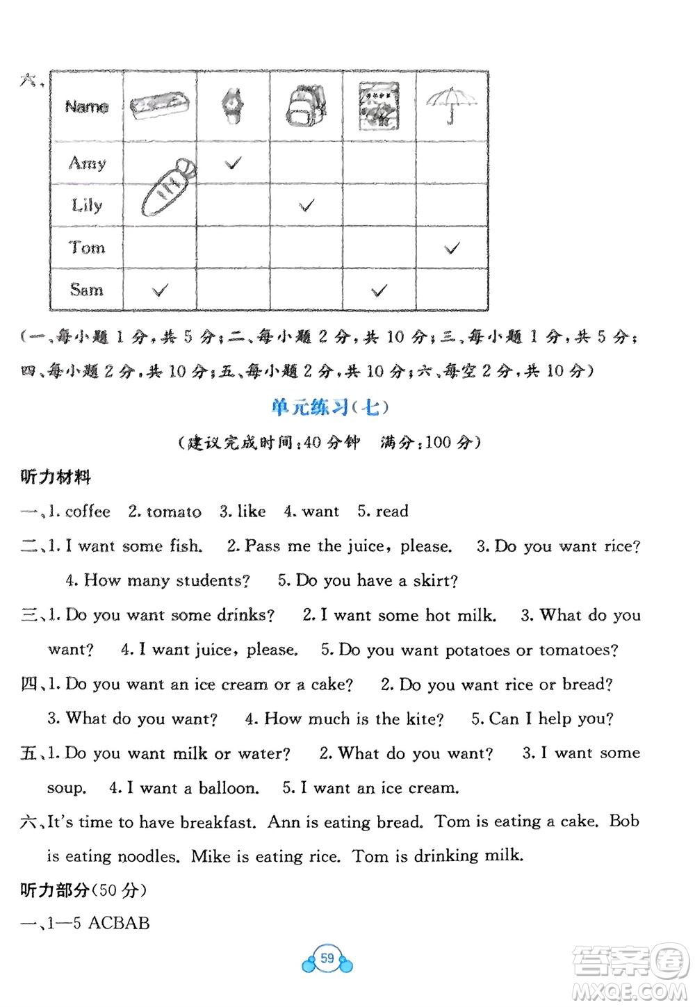 廣西教育出版社2024年春自主學(xué)習(xí)能力測評單元測試四年級英語下冊C版接力版參考答案