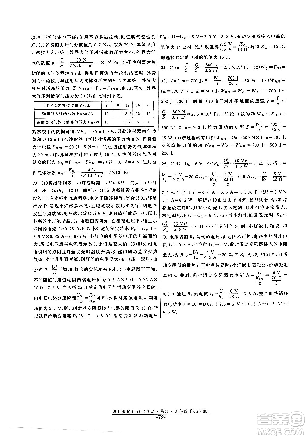 福建人民出版社2024年春課時(shí)提優(yōu)計(jì)劃作業(yè)本九年級(jí)物理下冊(cè)蘇科版答案