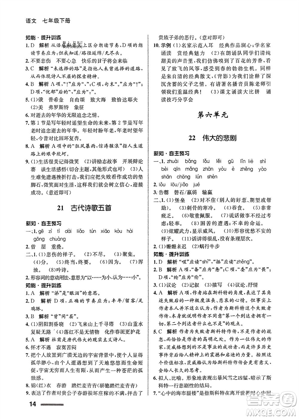 甘肅少年兒童出版社2024年春配套綜合練習(xí)七年級語文下冊人教版參考答案