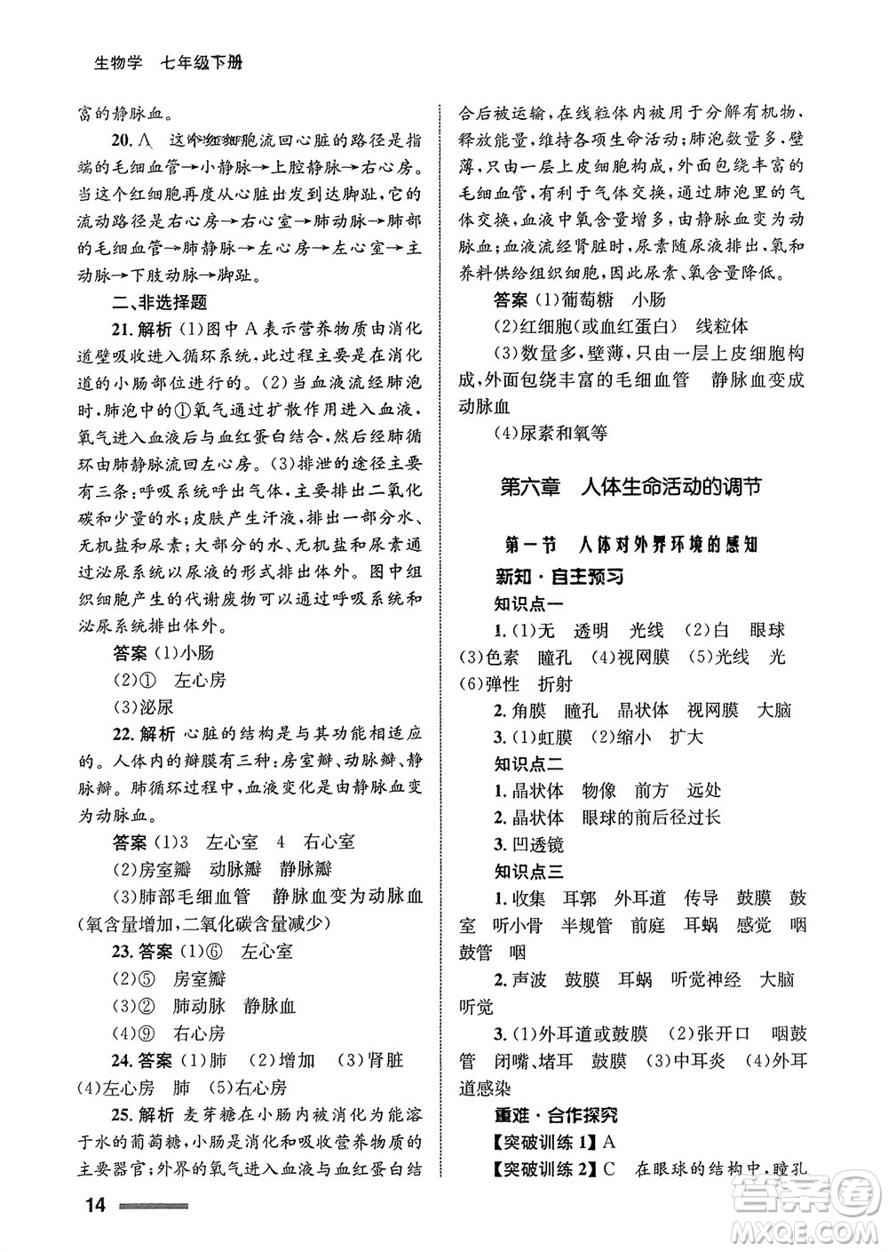 甘肅教育出版社2024年春配套綜合練習七年級生物下冊人教版參考答案