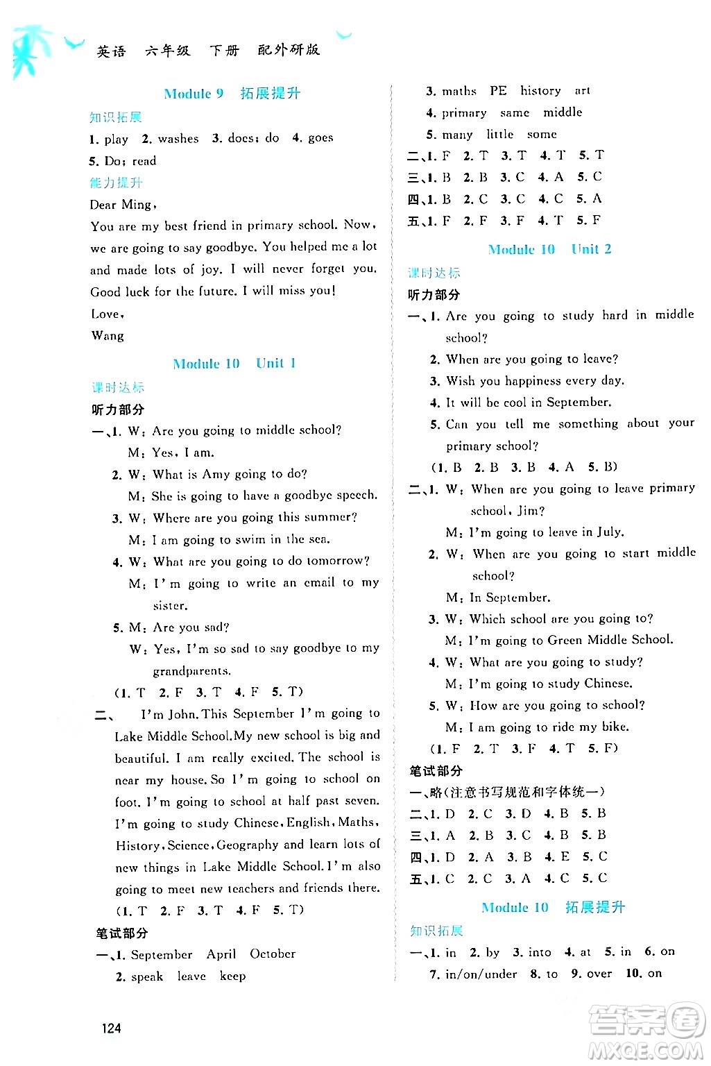 廣西師范大學(xué)出版社2024年春新課程學(xué)習(xí)與測(cè)評(píng)同步學(xué)習(xí)六年級(jí)英語下冊(cè)外研版答案