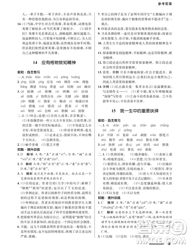 甘肅教育出版社2024年春配套綜合練習(xí)八年級(jí)語(yǔ)文下冊(cè)人教版參考答案