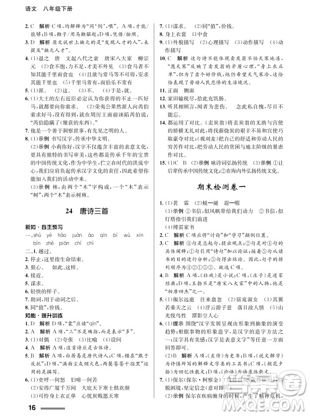 甘肅教育出版社2024年春配套綜合練習(xí)八年級(jí)語(yǔ)文下冊(cè)人教版參考答案