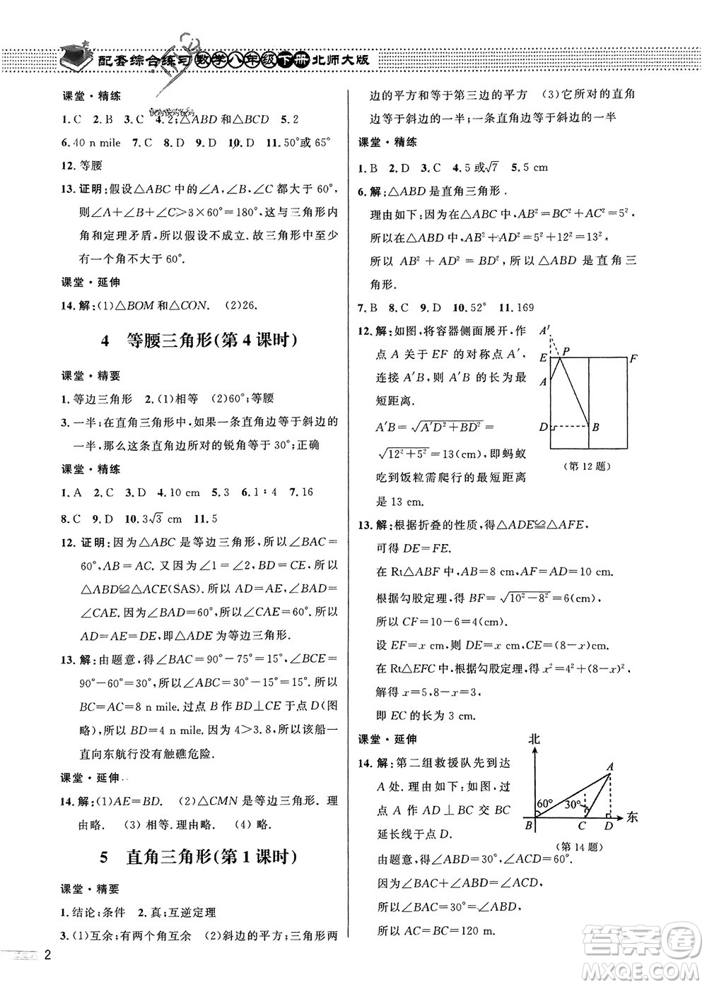 北京師范大學出版社2024年春配套綜合練習八年級數(shù)學下冊北師大版參考答案