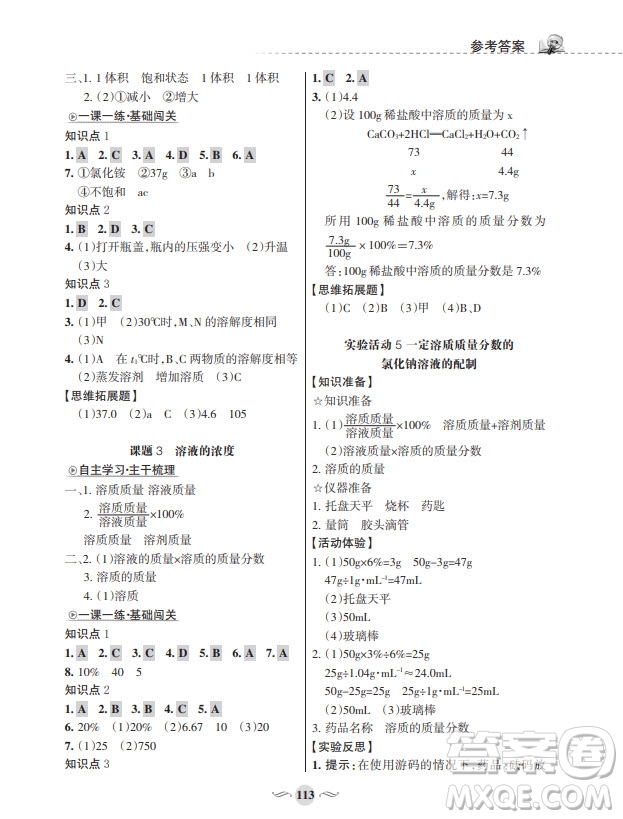 甘肅文化出版社2024年春配套綜合練習九年級化學下冊人教版參考答案