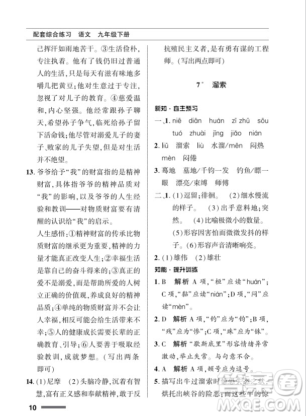 北京師范大學出版社2024年春配套綜合練習九年級語文下冊人教版參考答案