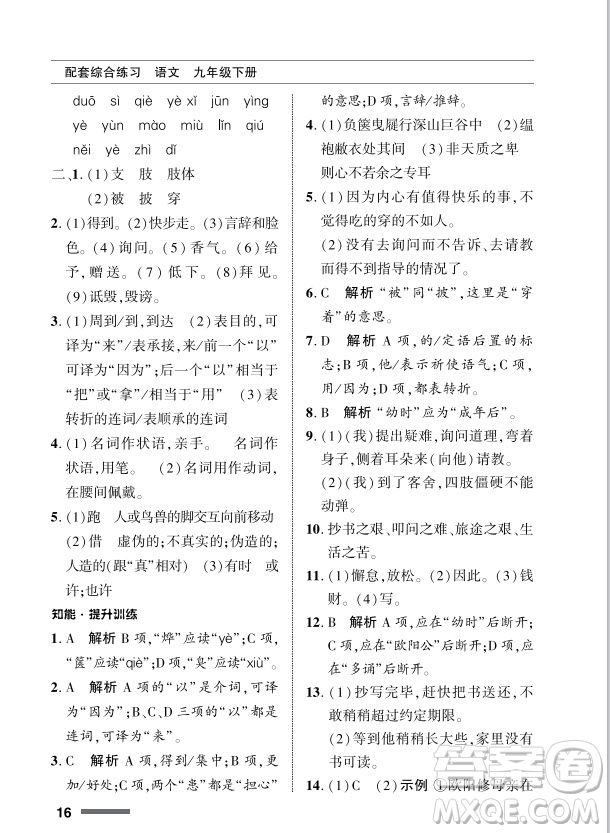 北京師范大學出版社2024年春配套綜合練習九年級語文下冊人教版參考答案