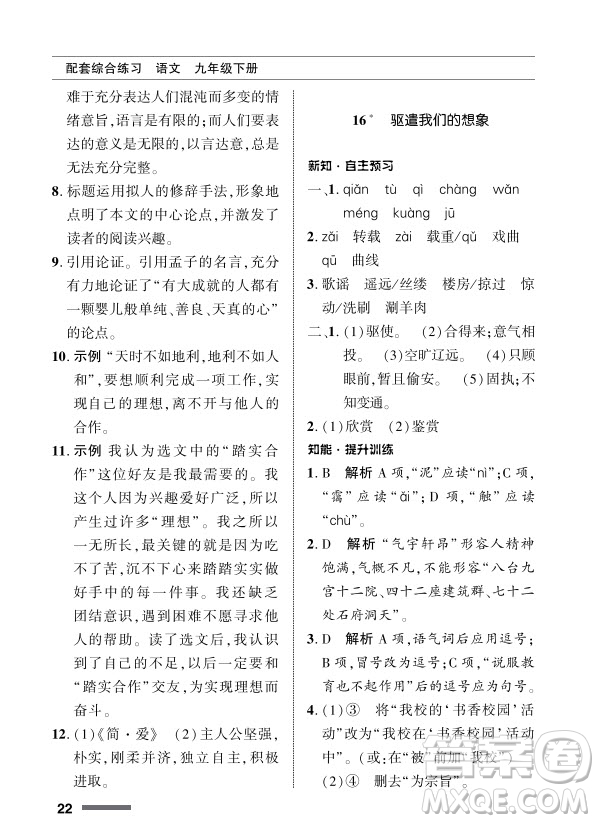 北京師范大學出版社2024年春配套綜合練習九年級語文下冊人教版參考答案