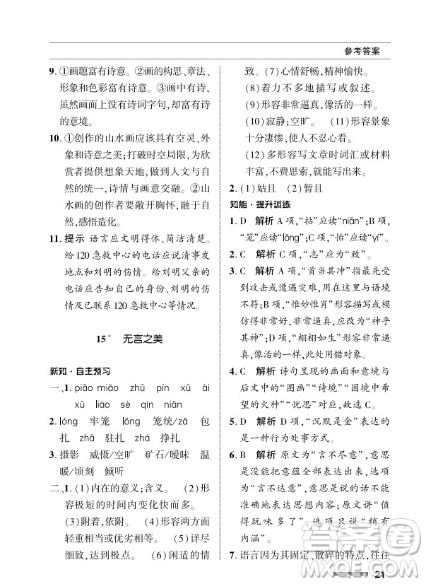 北京師范大學出版社2024年春配套綜合練習九年級語文下冊人教版參考答案