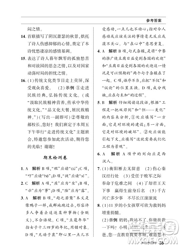 北京師范大學出版社2024年春配套綜合練習九年級語文下冊人教版參考答案