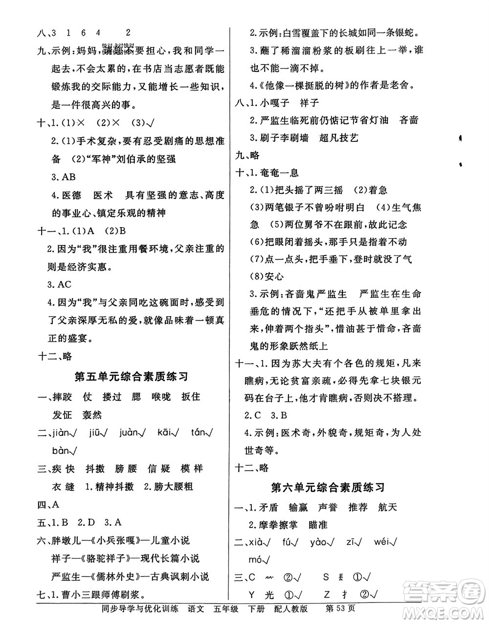 人民教育出版社2024年春百年學(xué)典同步導(dǎo)學(xué)與優(yōu)化訓(xùn)練五年級(jí)語(yǔ)文下冊(cè)人教版參考答案