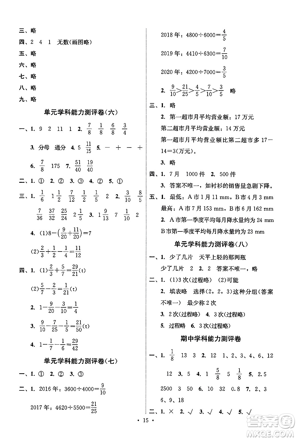 人民教育出版社2024年春能力培養(yǎng)與測試五年級數(shù)學下冊人教版湖南專版答案