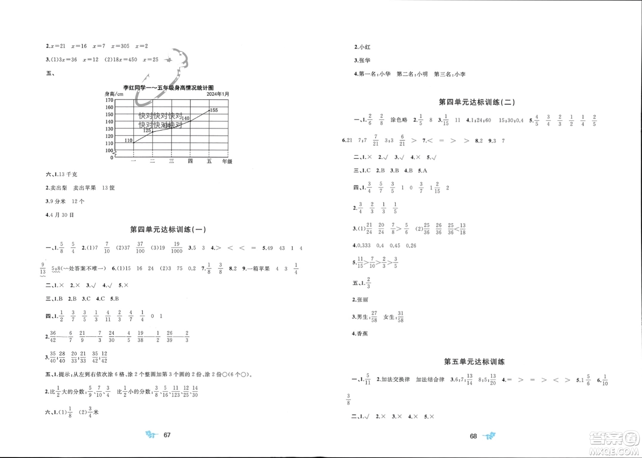 廣西師范大學(xué)出版社2024年春新課程學(xué)習(xí)與測評單元雙測五年級數(shù)學(xué)下冊B版北師大版參考答案