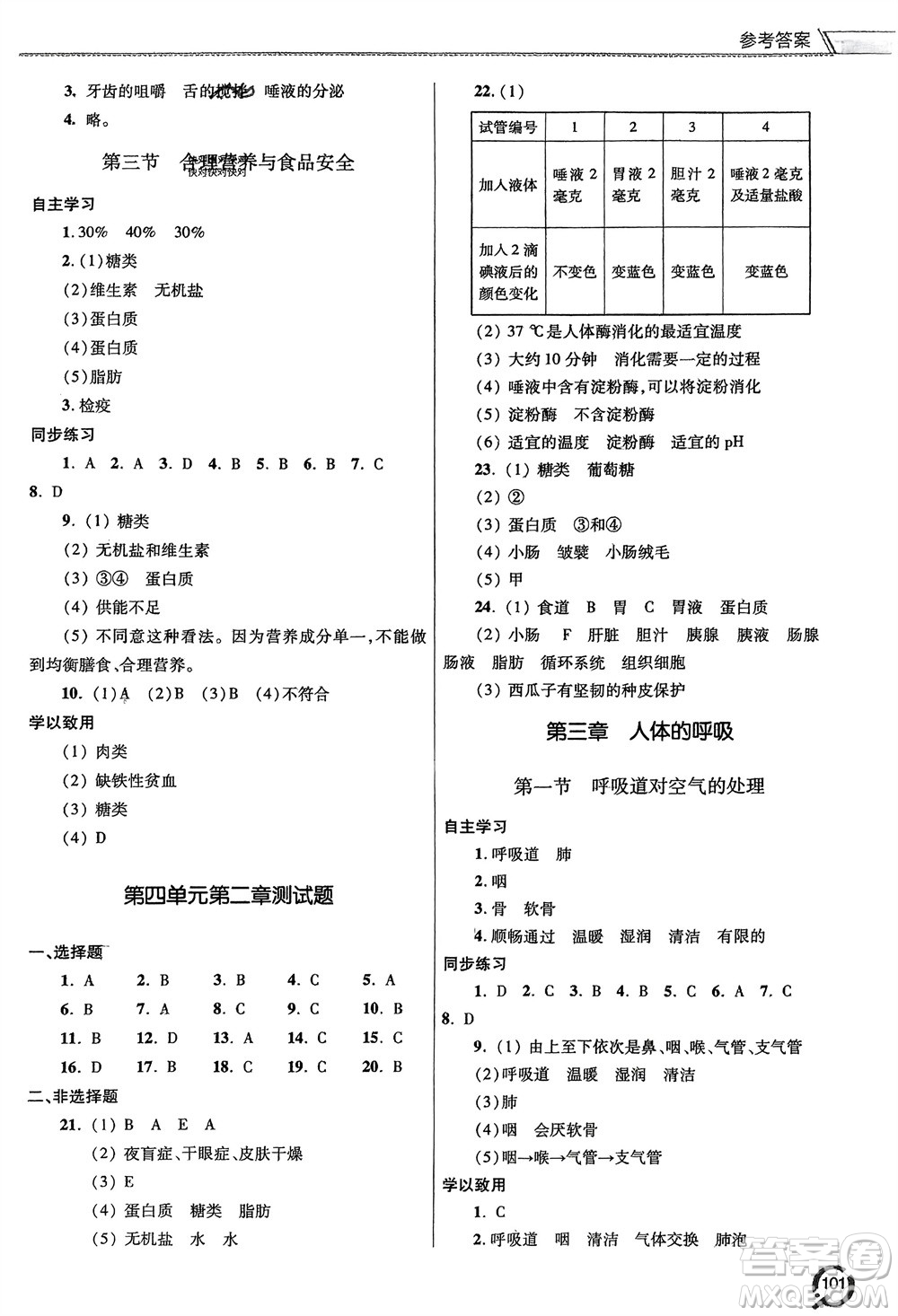 青島出版社2024年春初中同步練習(xí)冊七年級生物下冊六三制學(xué)人教版參考答案