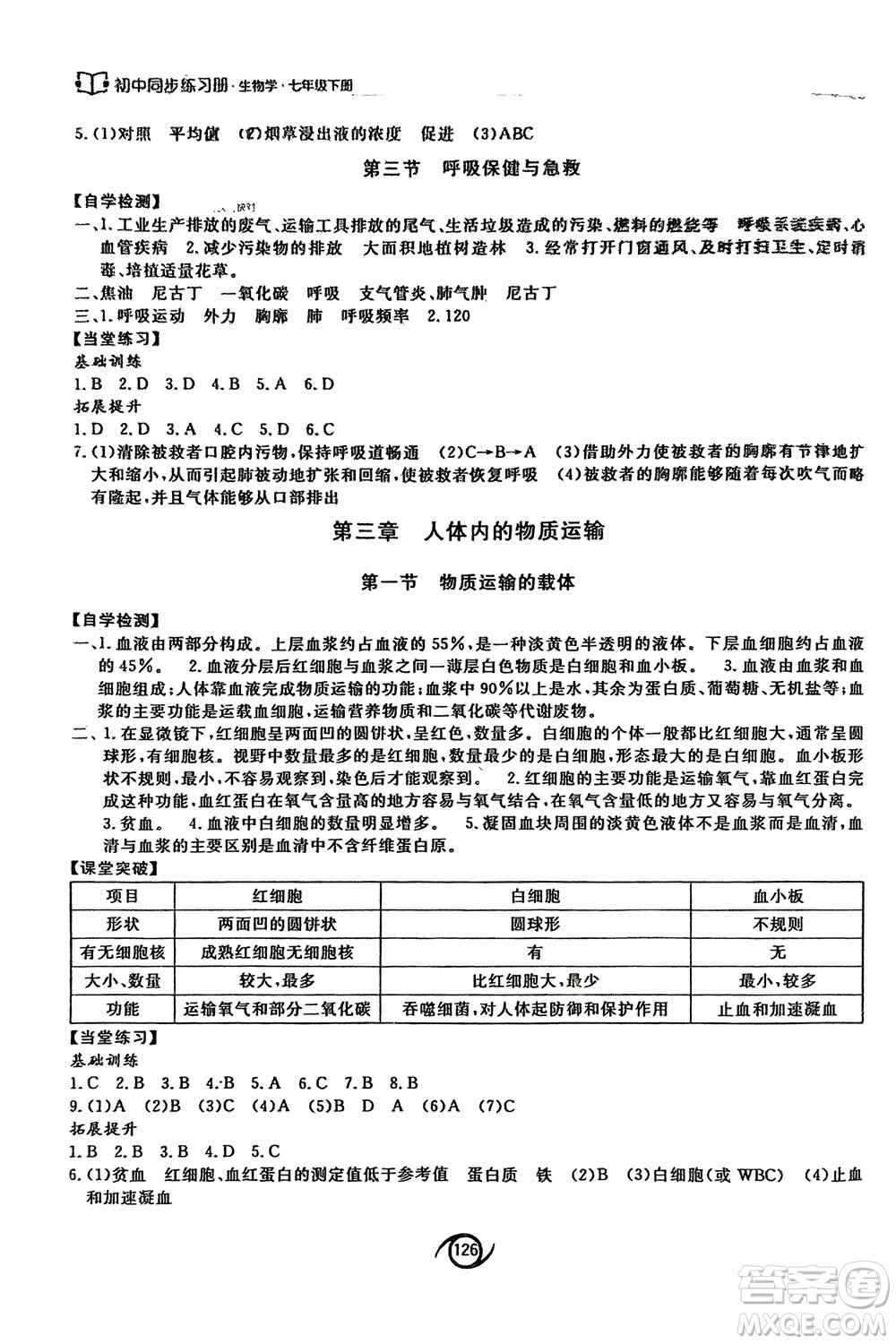 西安出版社2024年春初中同步練習冊七年級生物下冊濟南版參考答案