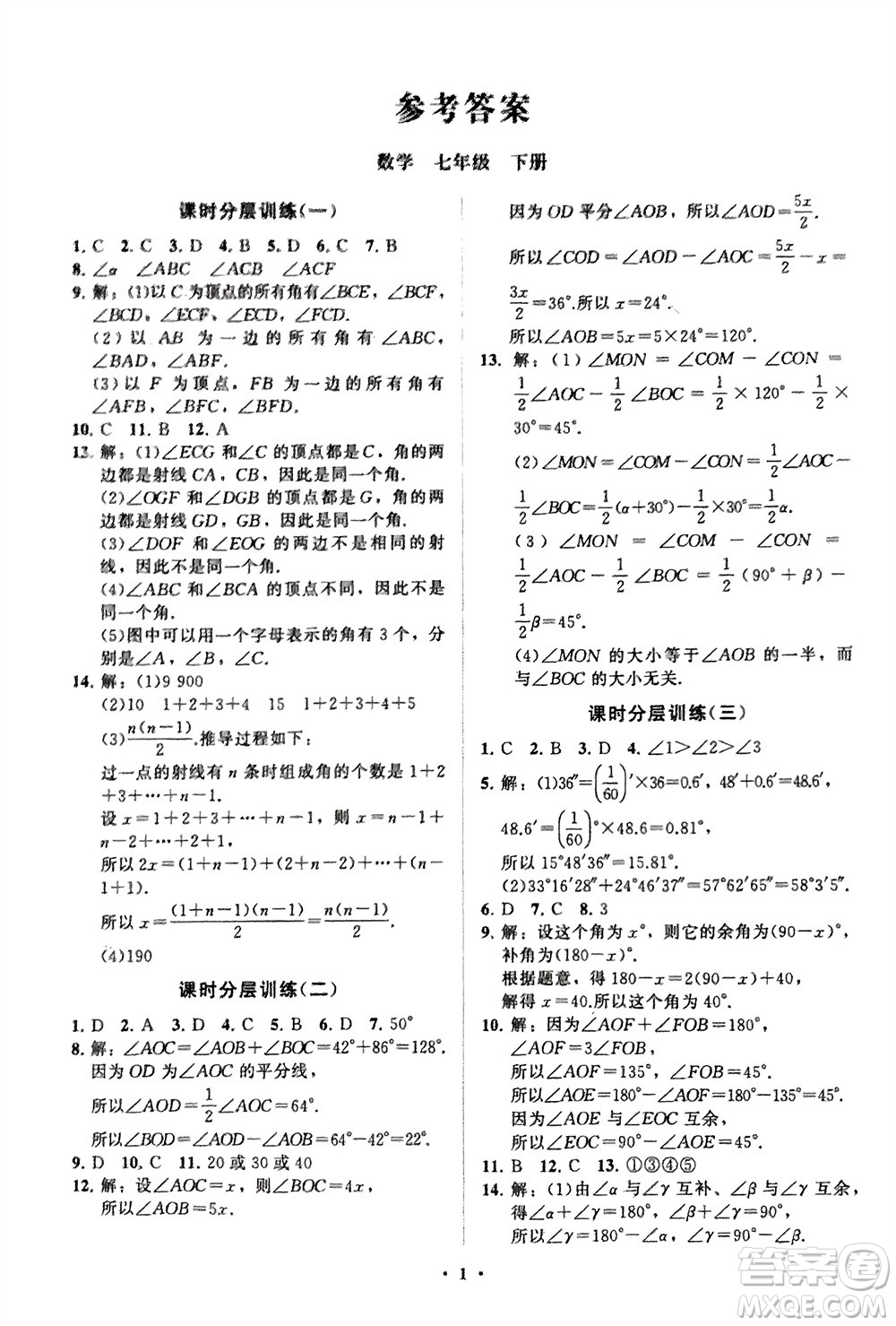 山東教育出版社2024年春初中同步練習(xí)冊分層卷七年級數(shù)學(xué)下冊通用版參考答案