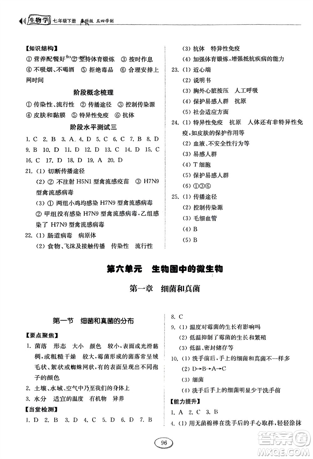 山東科學(xué)技術(shù)出版社2024年春初中同步練習(xí)冊(cè)分層卷七年級(jí)生物下冊(cè)五四學(xué)制魯科版參考答案