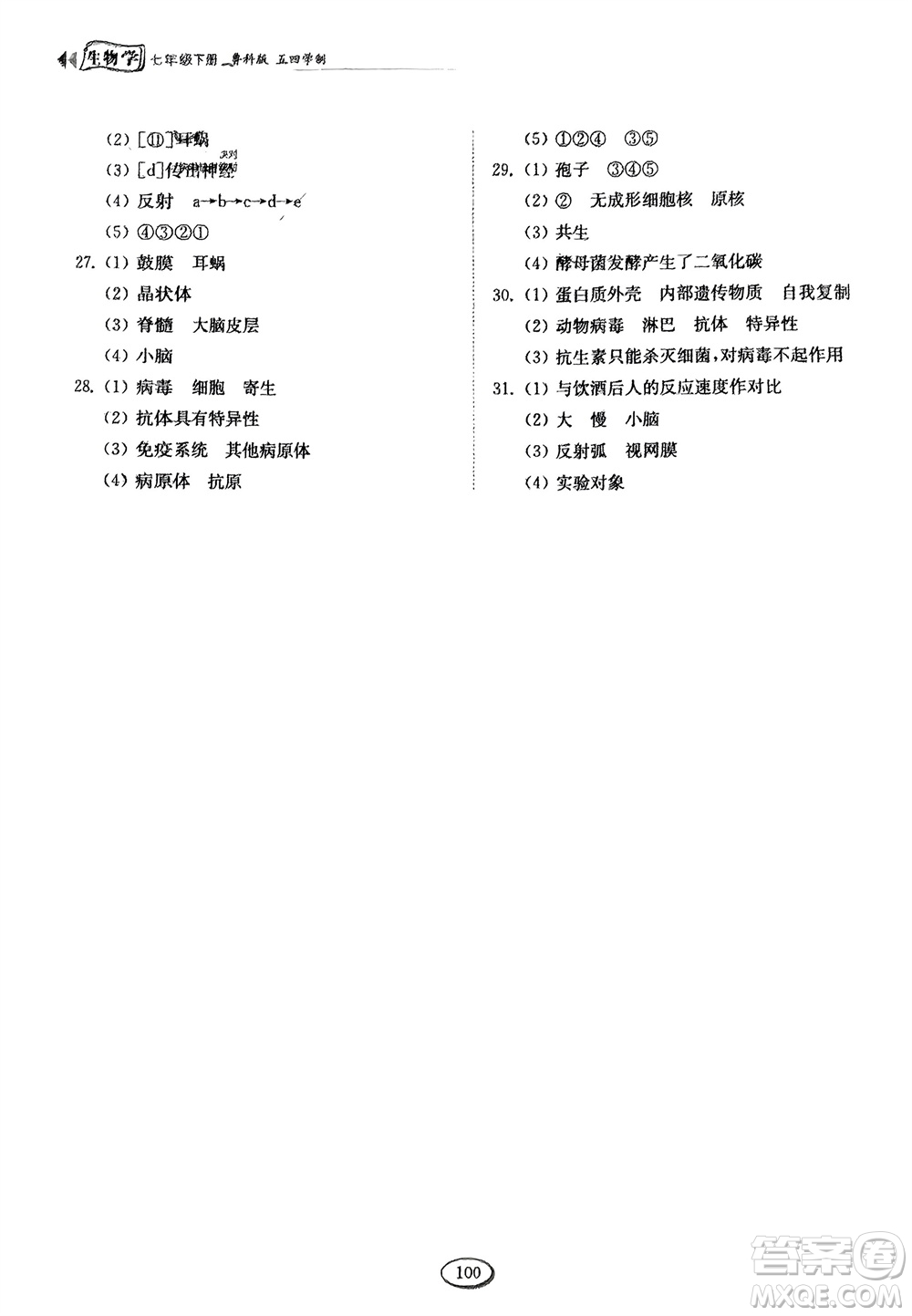 山東科學(xué)技術(shù)出版社2024年春初中同步練習(xí)冊(cè)分層卷七年級(jí)生物下冊(cè)五四學(xué)制魯科版參考答案