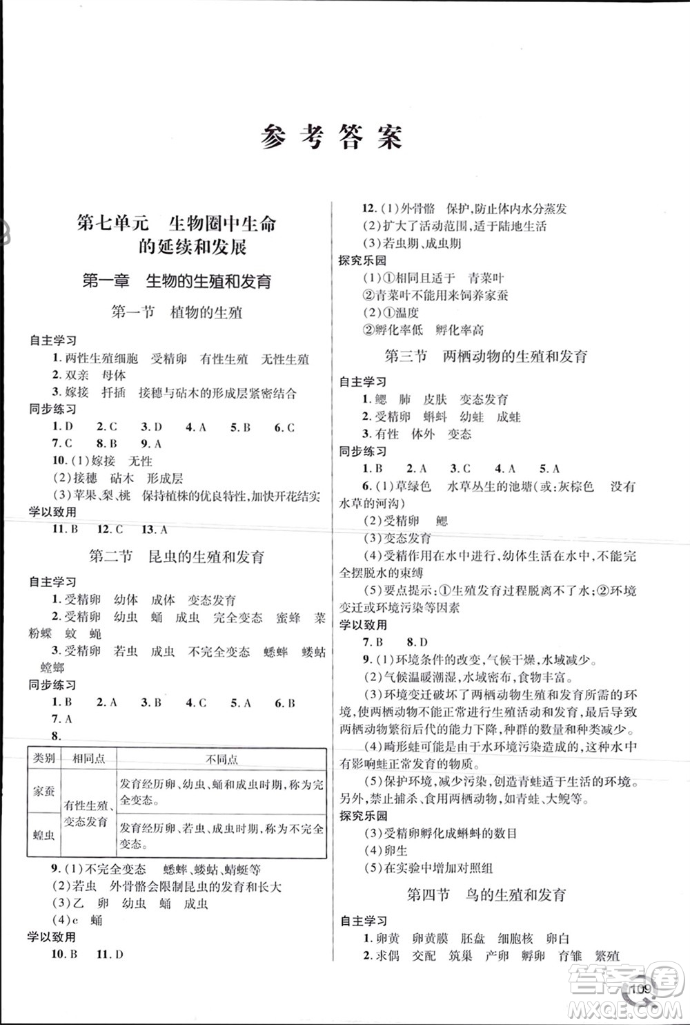 青島出版社2024年春初中同步練習冊八年級生物下冊六三制學人教版參考答案