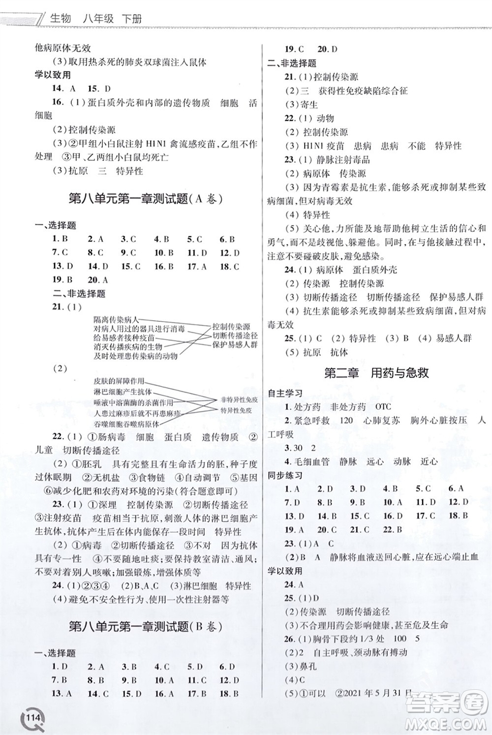 青島出版社2024年春初中同步練習冊八年級生物下冊六三制學人教版參考答案