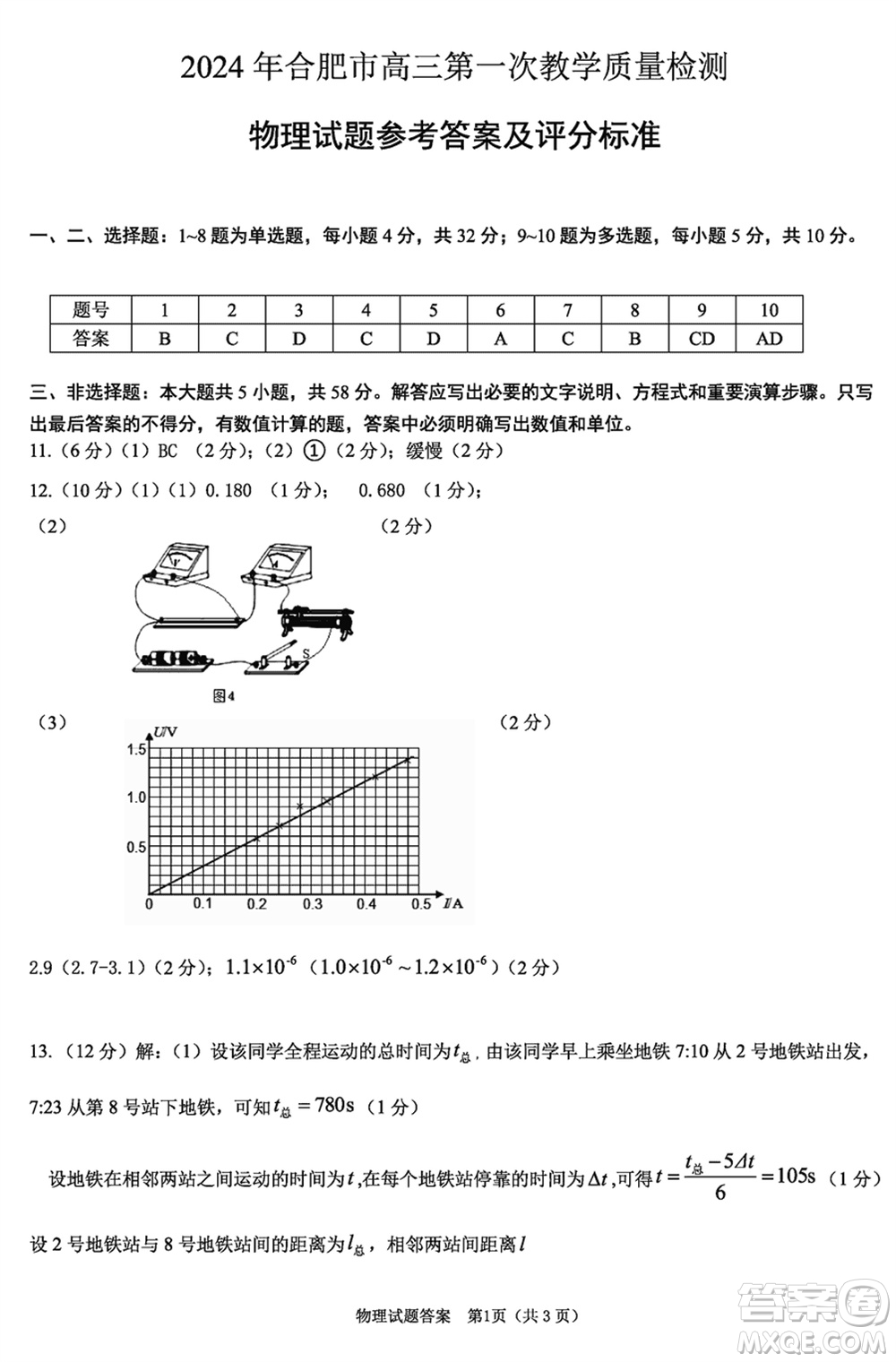 合肥市2024屆高三下學(xué)期第一次教學(xué)質(zhì)量檢測物理參考答案