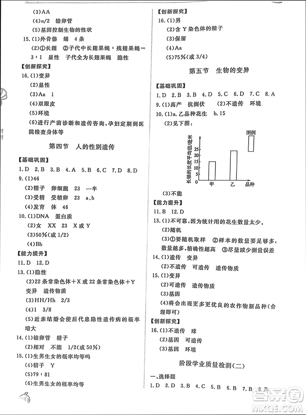 山東友誼出版社2024年春初中同步練習冊八年級生物下冊人教版參考答案