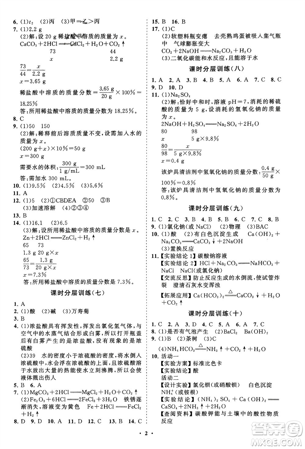 山東教育出版社2024年春初中同步練習(xí)冊分層卷九年級化學(xué)下冊人教版參考答案