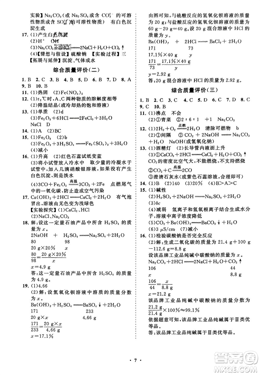 山東教育出版社2024年春初中同步練習(xí)冊分層卷九年級化學(xué)下冊人教版參考答案