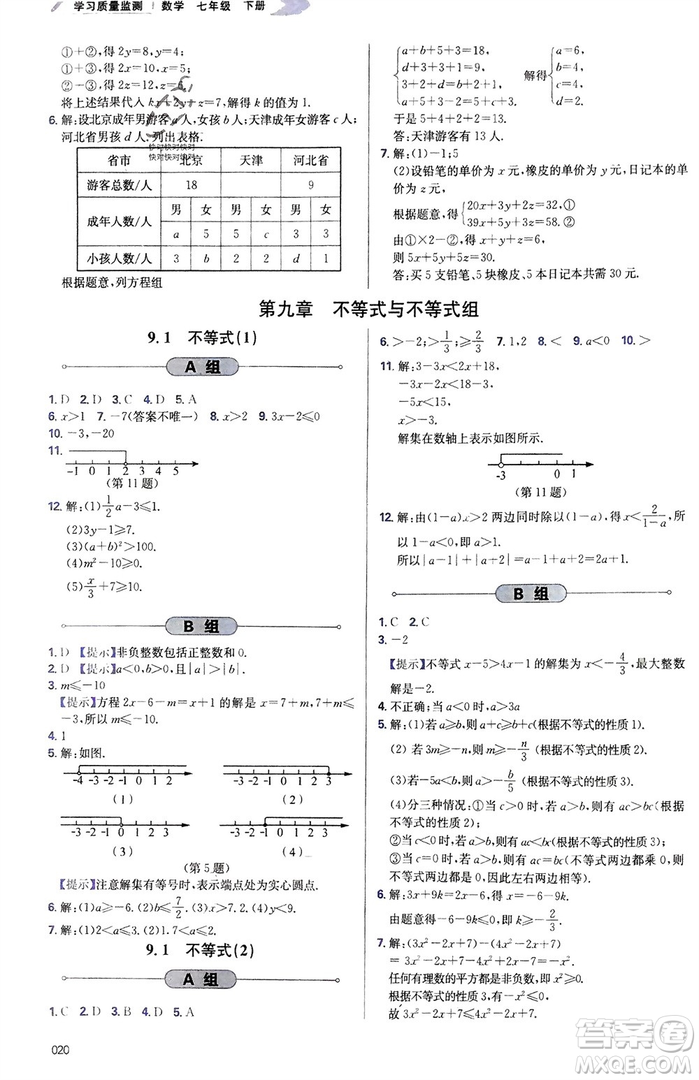 天津教育出版社2024年春學(xué)習(xí)質(zhì)量監(jiān)測(cè)七年級(jí)數(shù)學(xué)下冊(cè)人教版參考答案