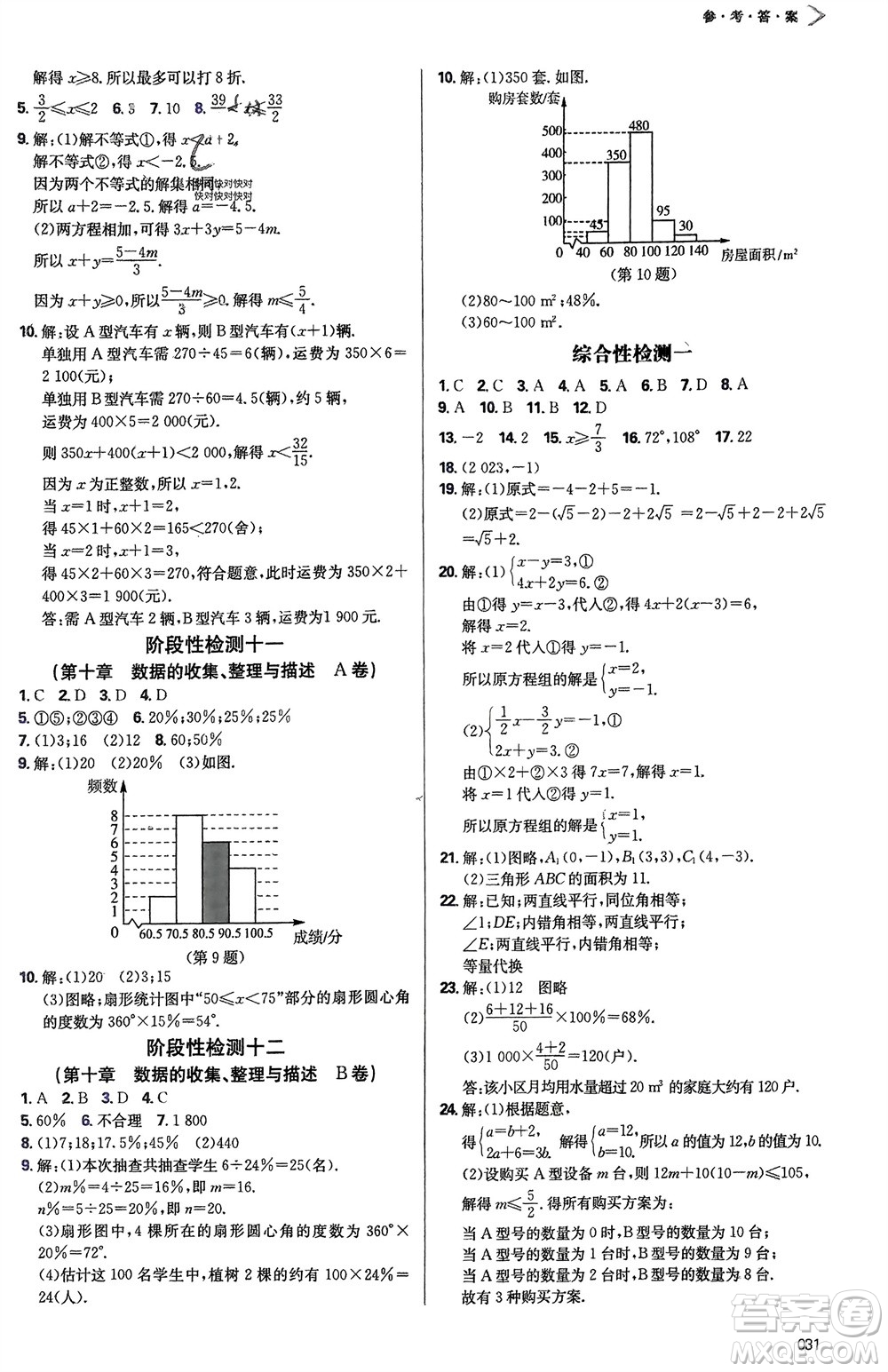 天津教育出版社2024年春學(xué)習(xí)質(zhì)量監(jiān)測(cè)七年級(jí)數(shù)學(xué)下冊(cè)人教版參考答案