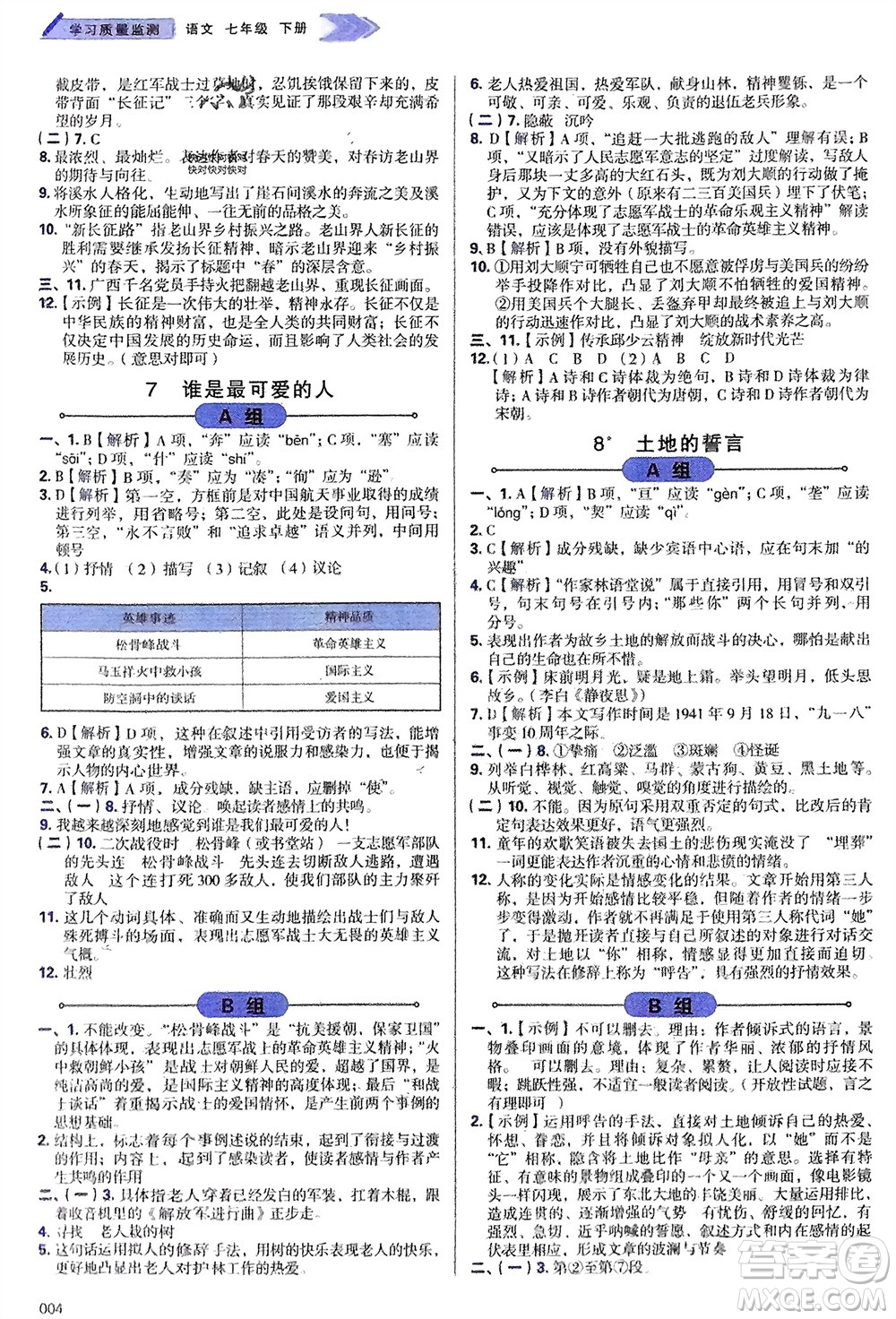 天津教育出版社2024年春學(xué)習(xí)質(zhì)量監(jiān)測(cè)七年級(jí)語(yǔ)文下冊(cè)人教版參考答案