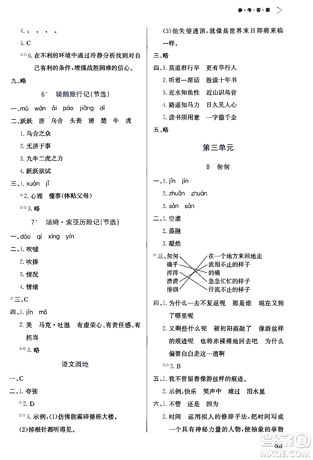 天津教育出版社2024年春學(xué)習(xí)質(zhì)量監(jiān)測六年級語文下冊人教版答案