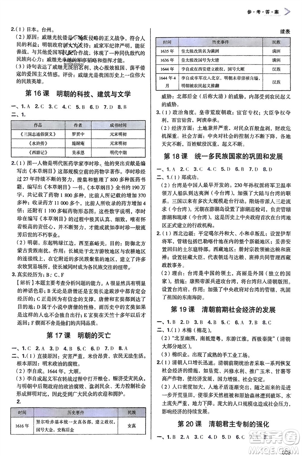 天津教育出版社2024年春學(xué)習(xí)質(zhì)量監(jiān)測七年級歷史下冊人教版參考答案