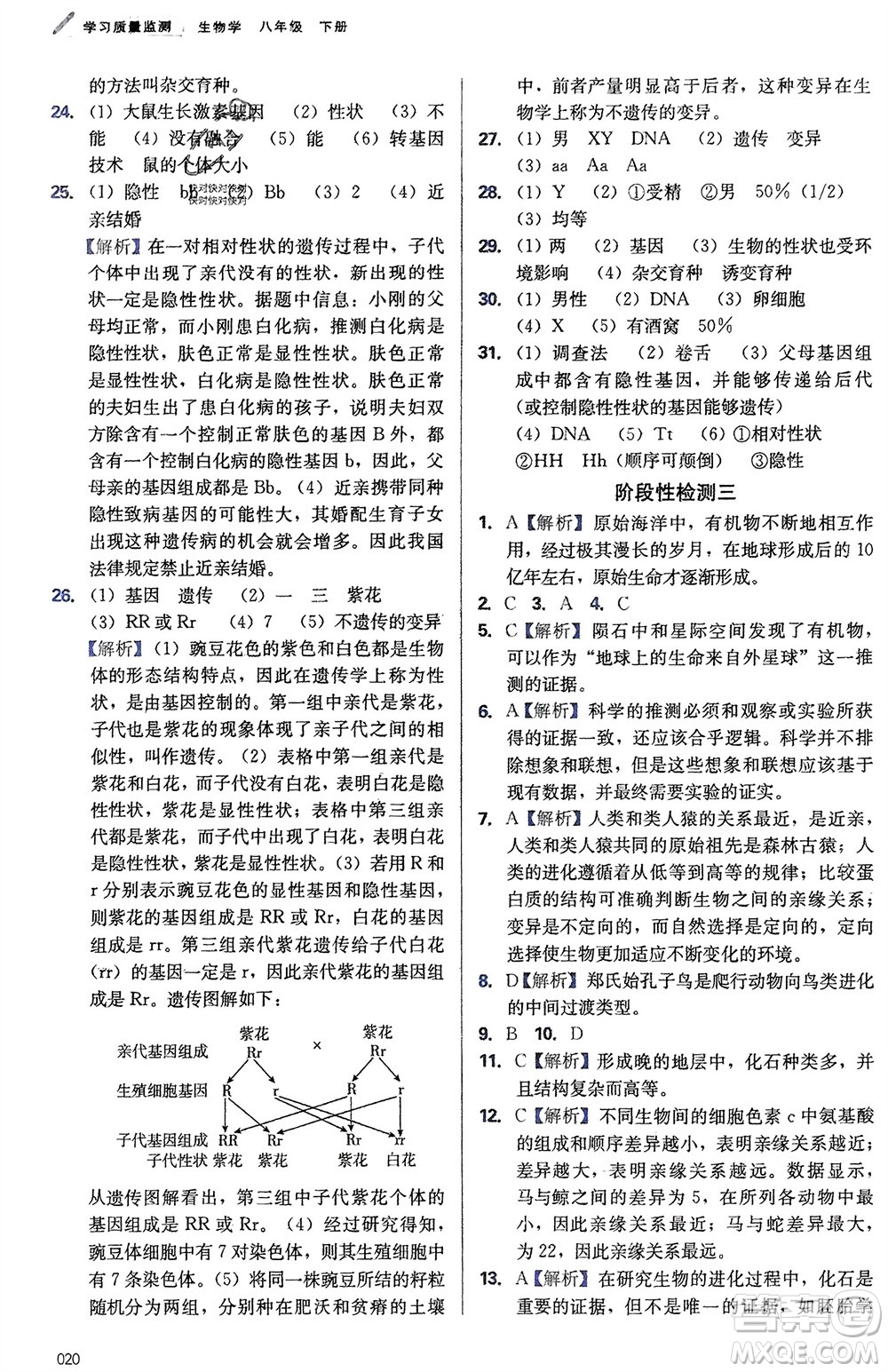 天津教育出版社2024年春學習質(zhì)量監(jiān)測八年級生物下冊人教版參考答案