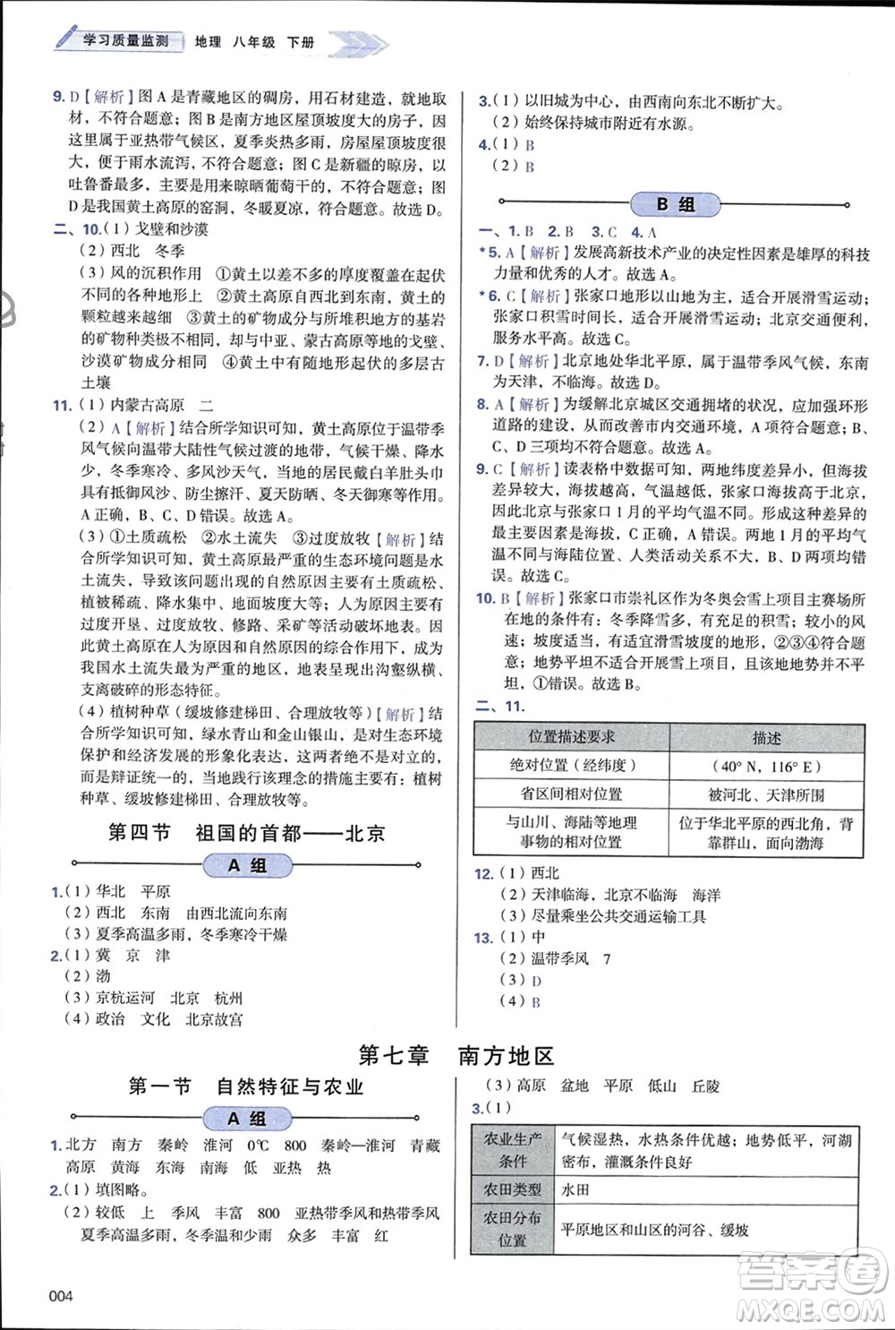 天津教育出版社2024年春學習質量監(jiān)測八年級地理下冊人教版參考答案