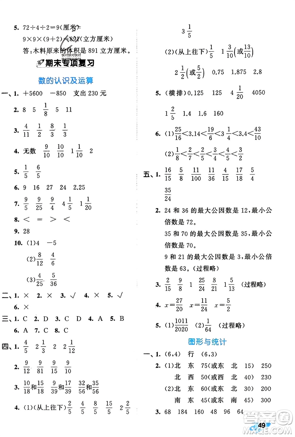 西安出版社2024年春53全優(yōu)卷五年級(jí)數(shù)學(xué)下冊(cè)青島版參考答案