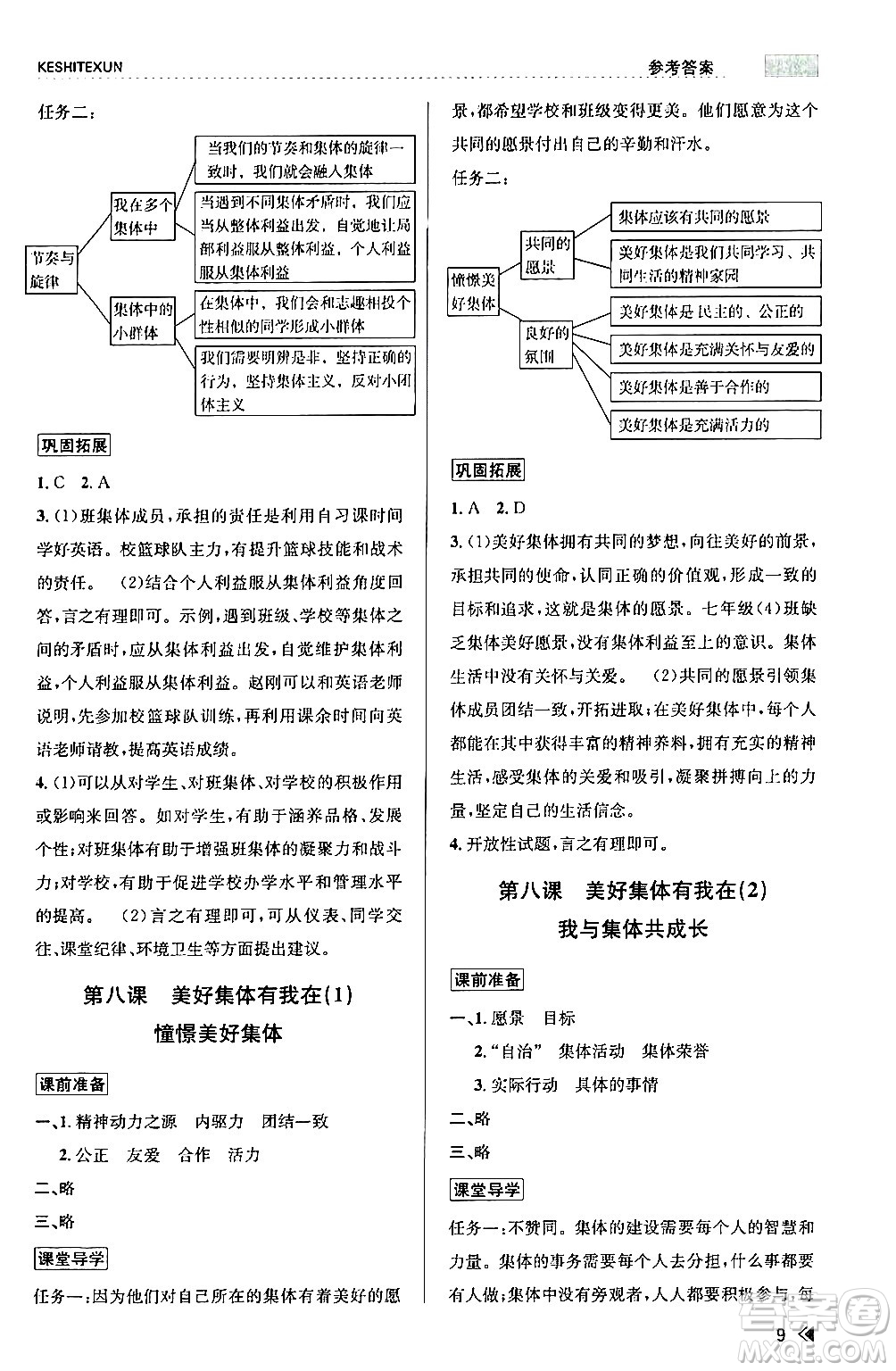 浙江人民出版社2024年春課時特訓(xùn)七年級道德與法治下冊通用版答案