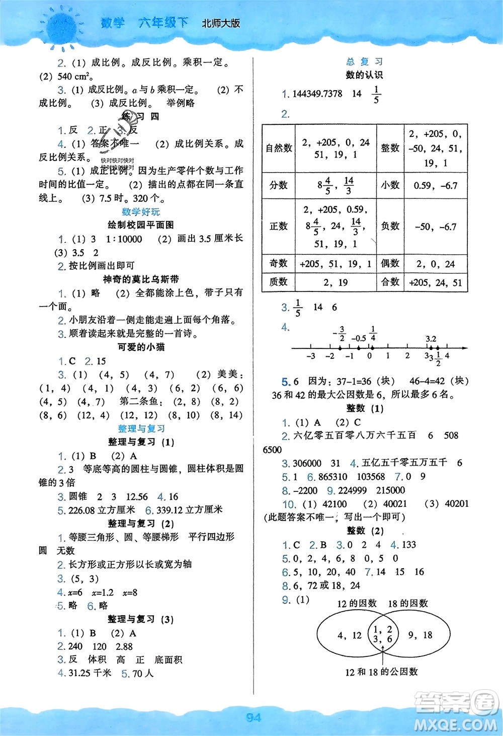 遼海出版社2024年春新課程能力培養(yǎng)六年級數(shù)學(xué)下冊北師大版參考答案