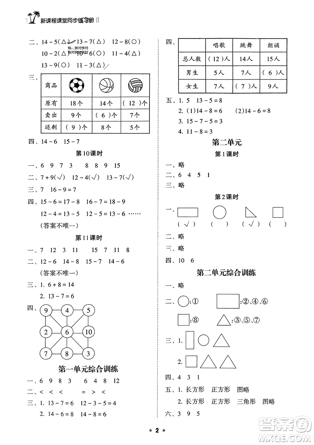 海南出版社2024年春新課程課堂同步練習(xí)冊一年級數(shù)學(xué)下冊蘇教版參考答案